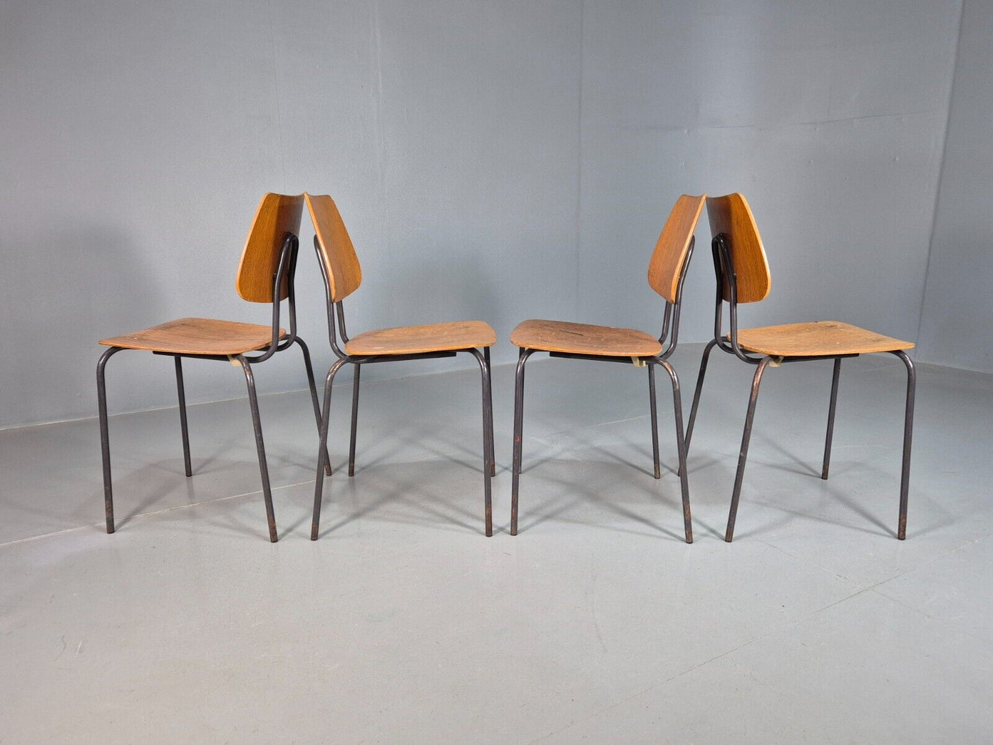 4 Vintage Danish Stacking Chairs Oak Plywood Steel Frame 1960s Retro EB8381 MSTA