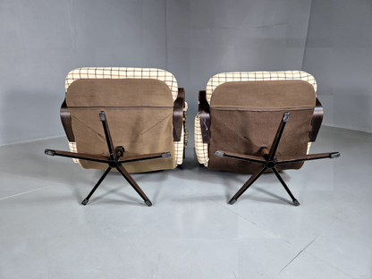 2 Vintage Swivel Chairs Cream Checkered Wool Bentwood Retro MCM EB7192 MBEN