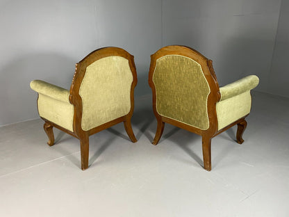 EB6659 2 Vintage Danish Lounge Chairs Green Velour Mahogany Antique Empire VCLO