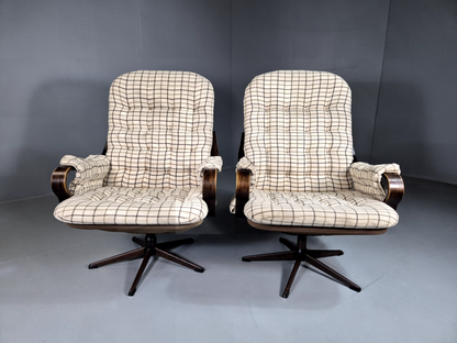 2 Vintage Swivel Chairs Cream Checkered Wool Bentwood Retro MCM EB7192 MBEN