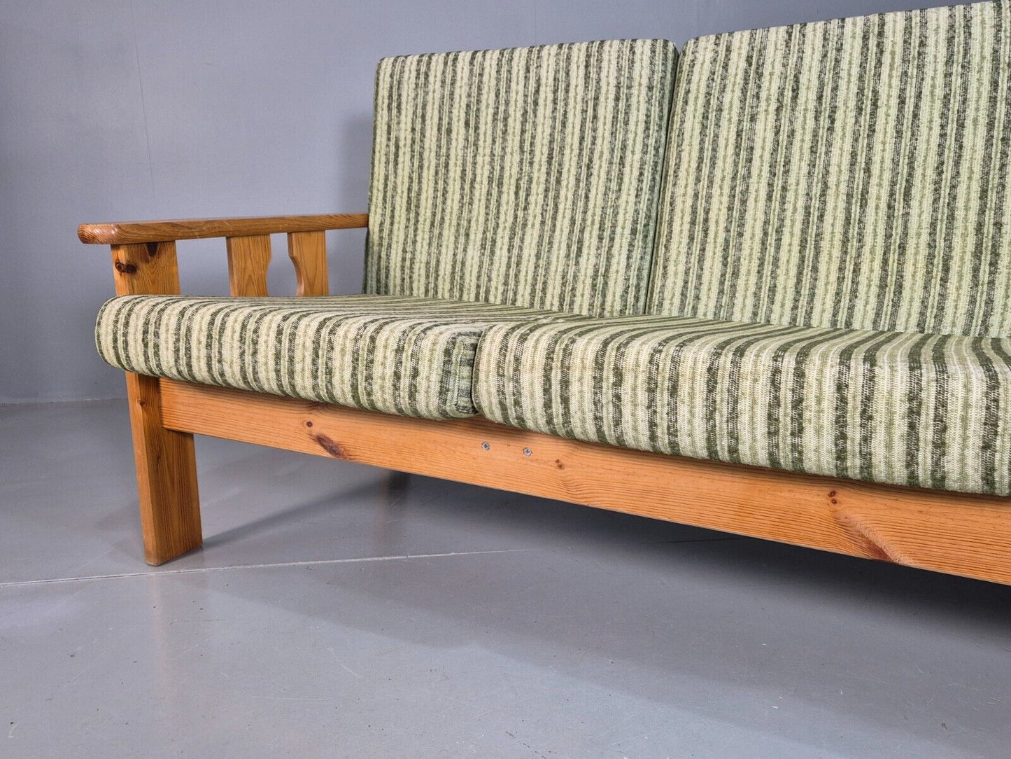 Vintage Danish 3 Seat Sofa Green Cream Wool Pine Frame 1970s Retro EB8211  M3SS