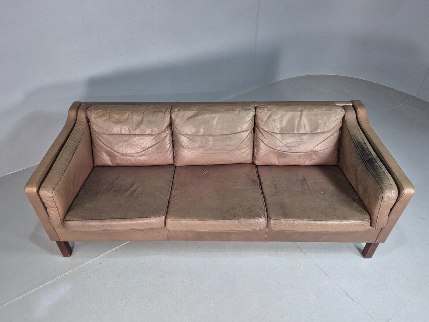 Vintage Danish 3 Seat Sofa Brown Leather Mogensen Style 1970s Retro EB8201 M3SS