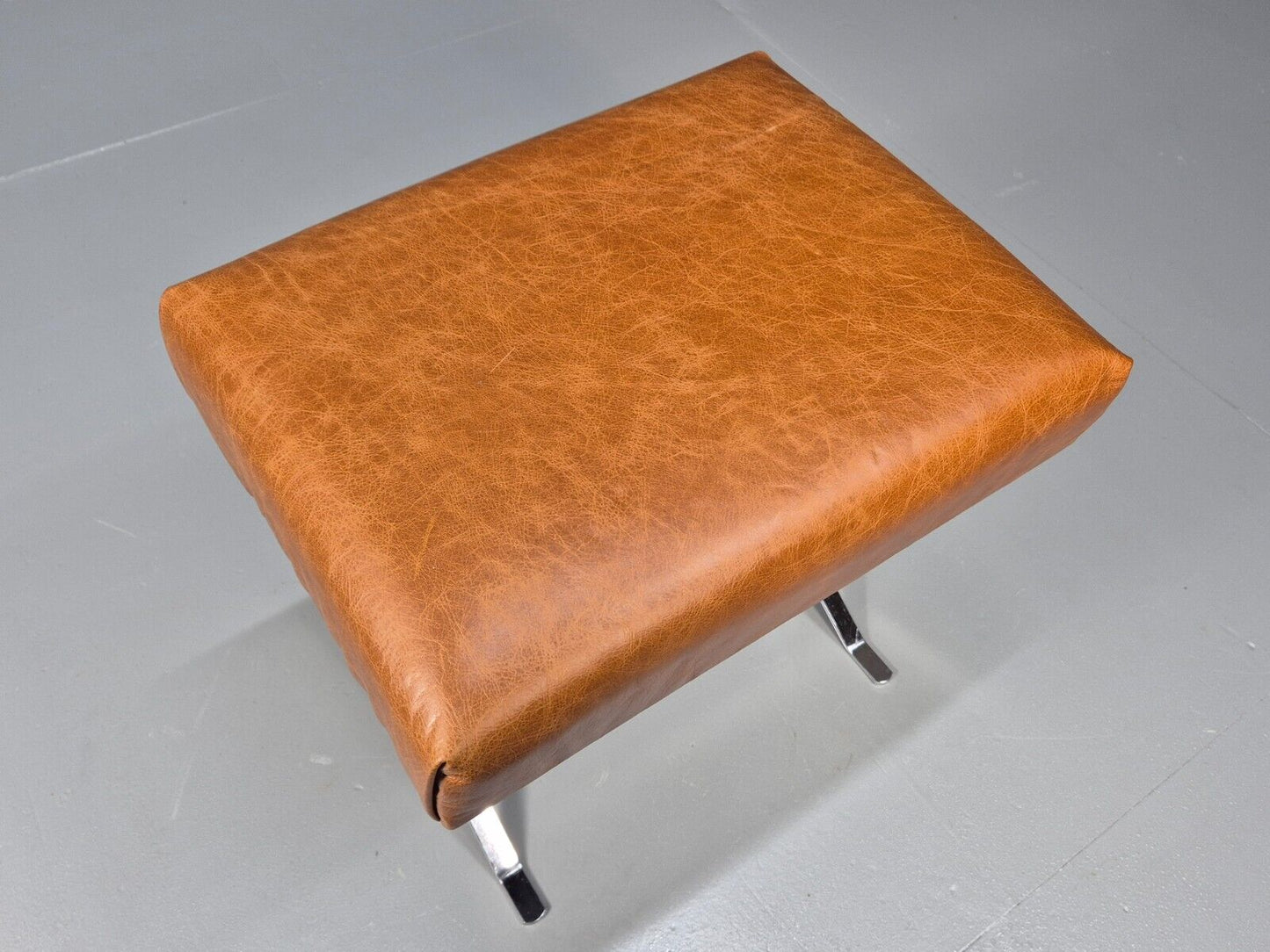 Vintage Danish Footstool Tan Leather Chrome Retro 1970s MCM EB8853 MFOO