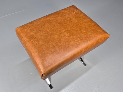 Vintage Danish Footstool Tan Leather Chrome Retro 1970s MCM EB8853 MFOO