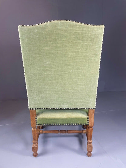 EB4649 Danish Early 20th Century Carved Oak And Green Velour Chair, Antique VCAR