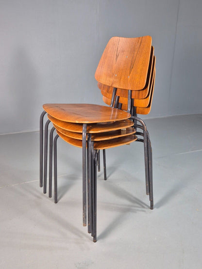 4 Vintage Danish Stacking Chairs Teak Plywood Steel Frame 1960 Retro EB8368 MSTA