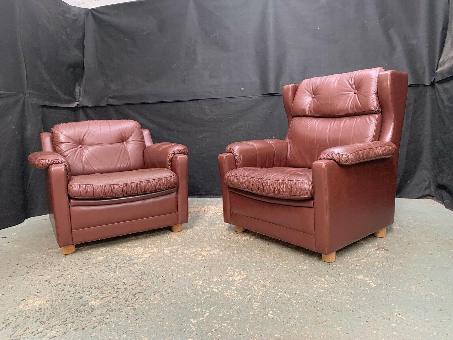 EB1730 Pair of Danish Brown Leather High & Low Back Lounge Chairs Vintage VLEA - UKDK FURNITURE