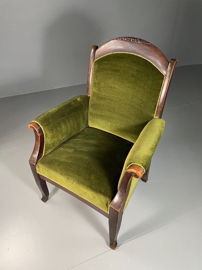 EB6469 Antique Danish Armchair Green Velour Stained Oak Vintage VCLO