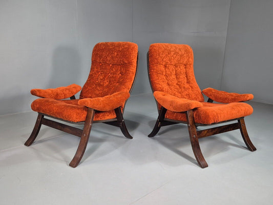 EB7574 2 Vintage Danish Lounge Chairs Rust Red Velour Bentwood MCM Retro MNOR