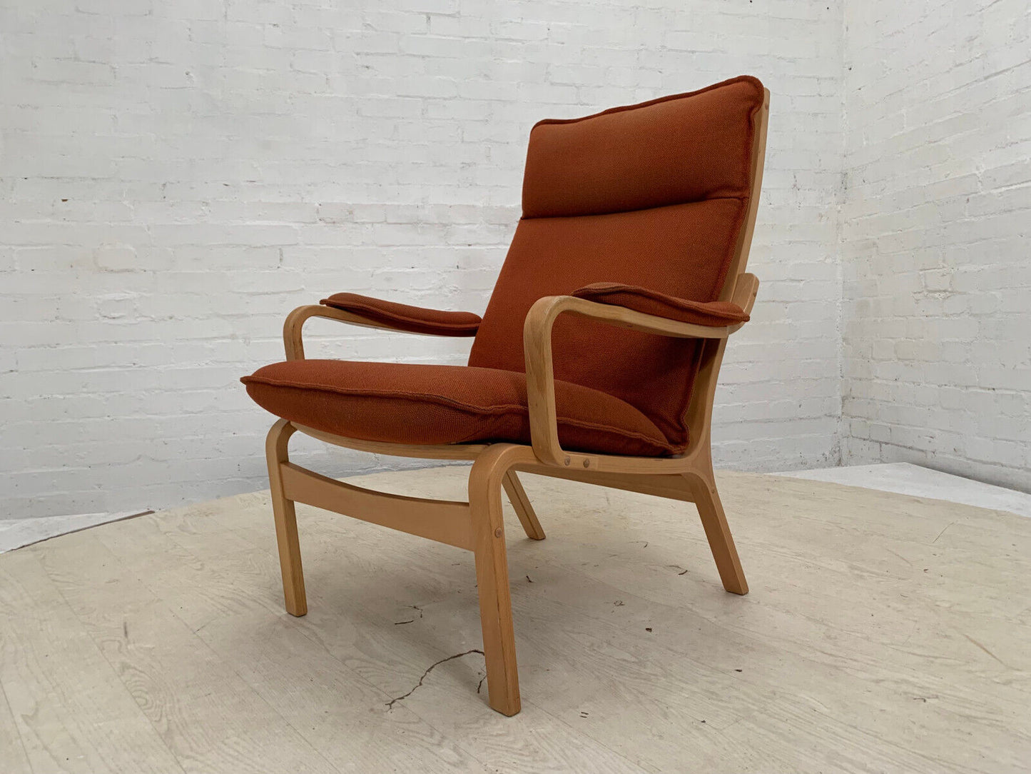 EB3659 Danish Skippers Beech Lounge Chair with Orange Wool Cushion Retro MBEN