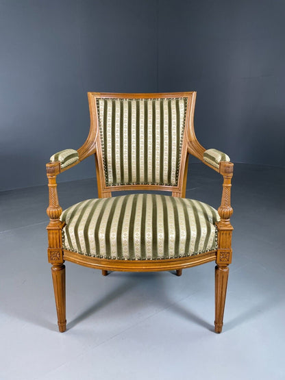 EB6825 Vintage Danish Lounge Chair Green Cream Carved Empire Antique Style VCLO