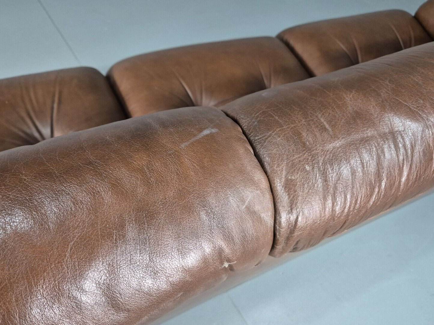 Vintage Danish 3 Seat Sofa Brown Leather Buttoned 1970s Retro MCM EB8314 M3SS