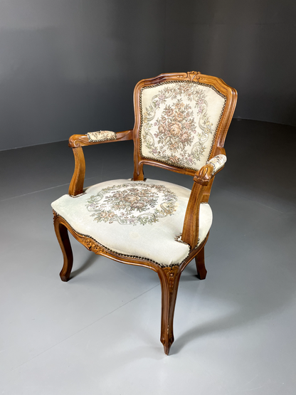 EB5580 Vintage Danish Louis Style Fauteuil Chair, Embroidered Upholstery, VCLO