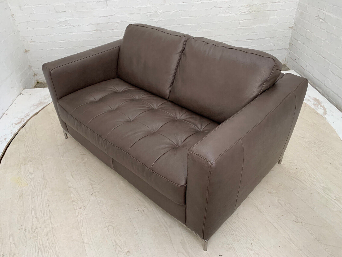 EB3378 Dark Brown Leather Two Seat Sofa with Steel Base Mid-Century Modern M2SS