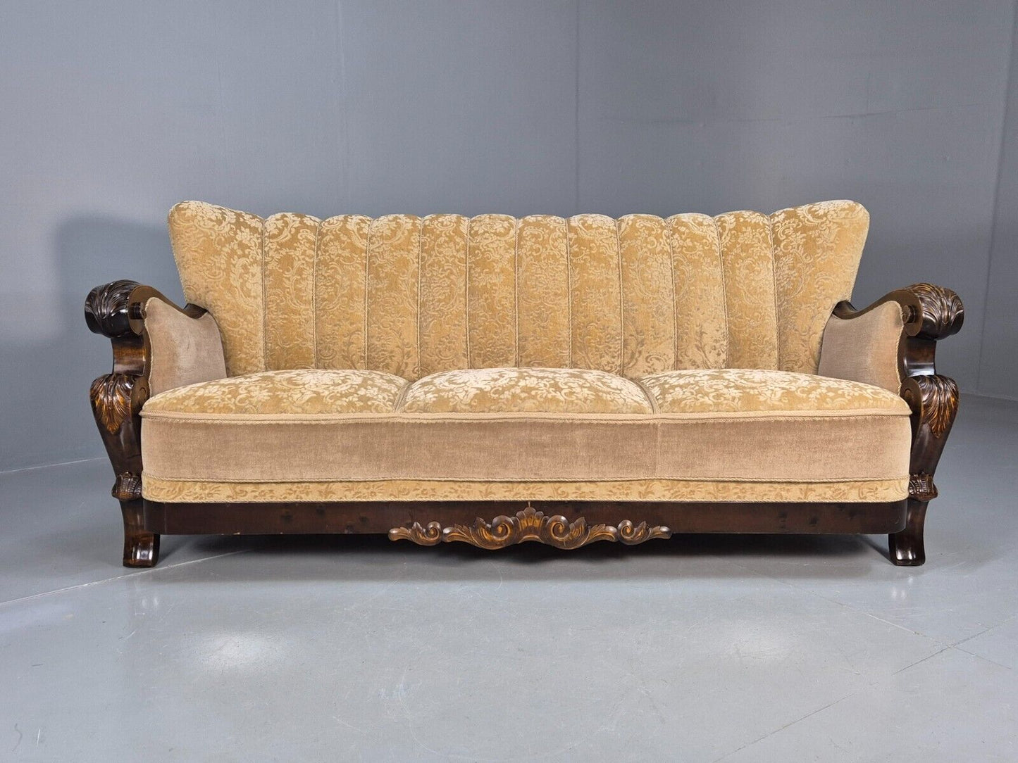 Vintage Danish 3 Seat Sofa Gold Moquette Carved Frame Antique 1920s EB8695 V3SS