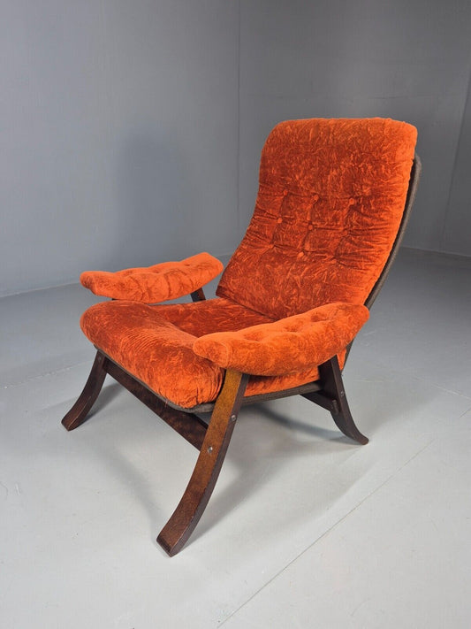 Vintage Danish Lounge Chair Orange Chenille Bentwood Retro MCM 1980s EB8732 MBEN