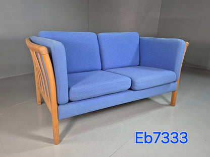 EB7333 Vintage Danish 2 Seat Sofa Blue Wool Beech Frame 1980s Retro MCM M2SS