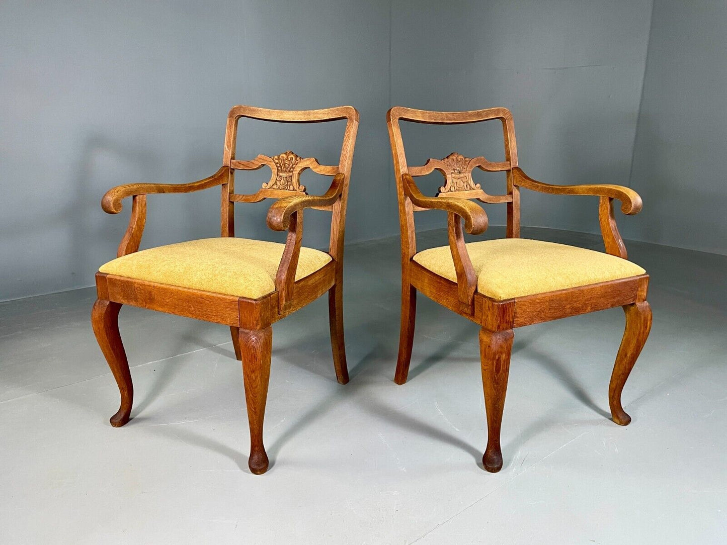 EB6953 2 Vintage Danish Elbow Chairs Oak Gold Upholstery Antique VCAR