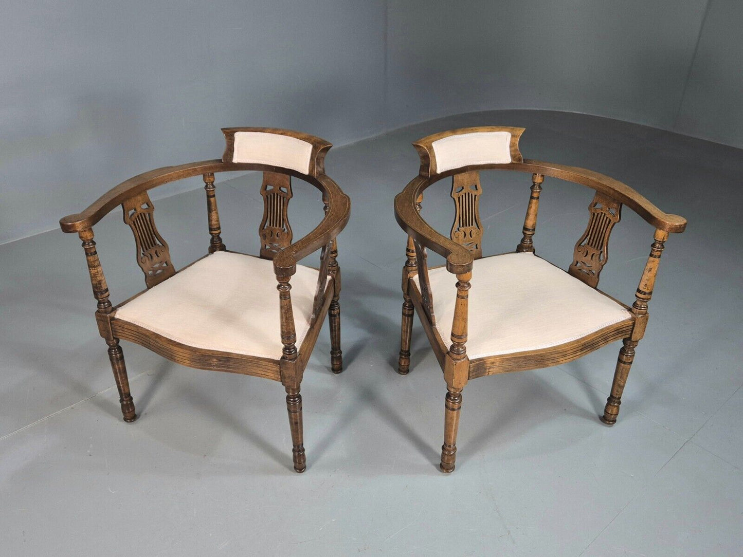 2 Vintage Lounge Chairs White Calico Fruitwood Inlay Edwardian EB8171 VCLO