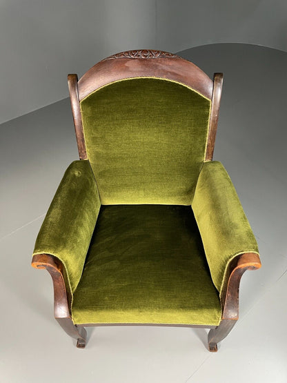 EB6469 Antique Danish Armchair Green Velour Stained Oak Vintage VCLO