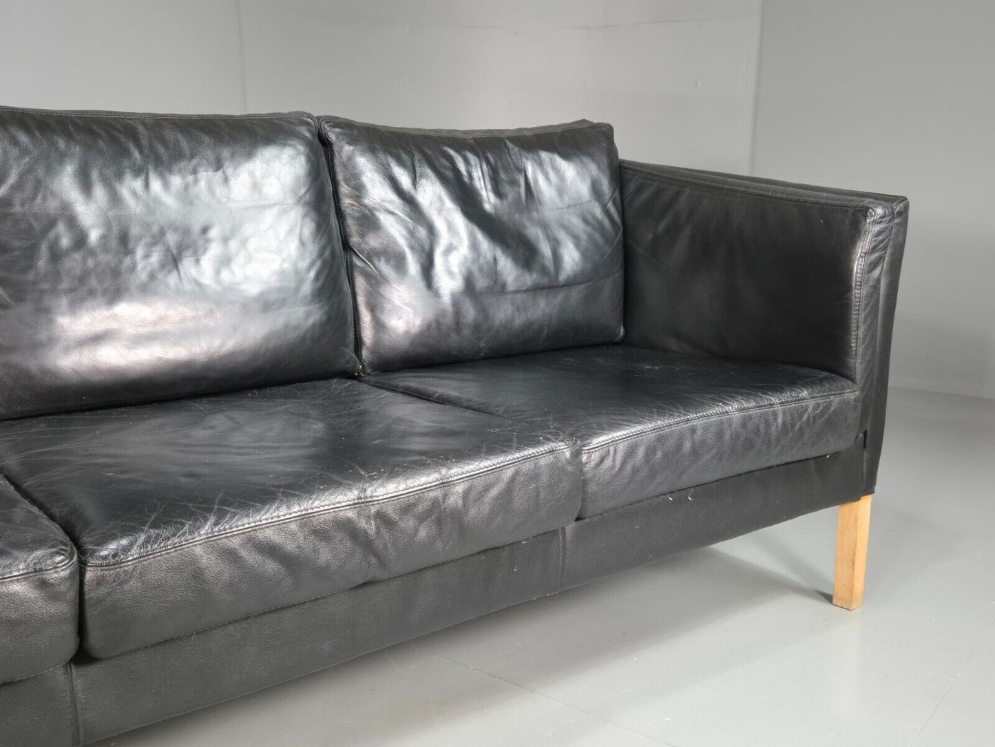 Vintage Danish 3 Seat Sofa Black Leather Retro MCM 1980s EB7620 M3SS