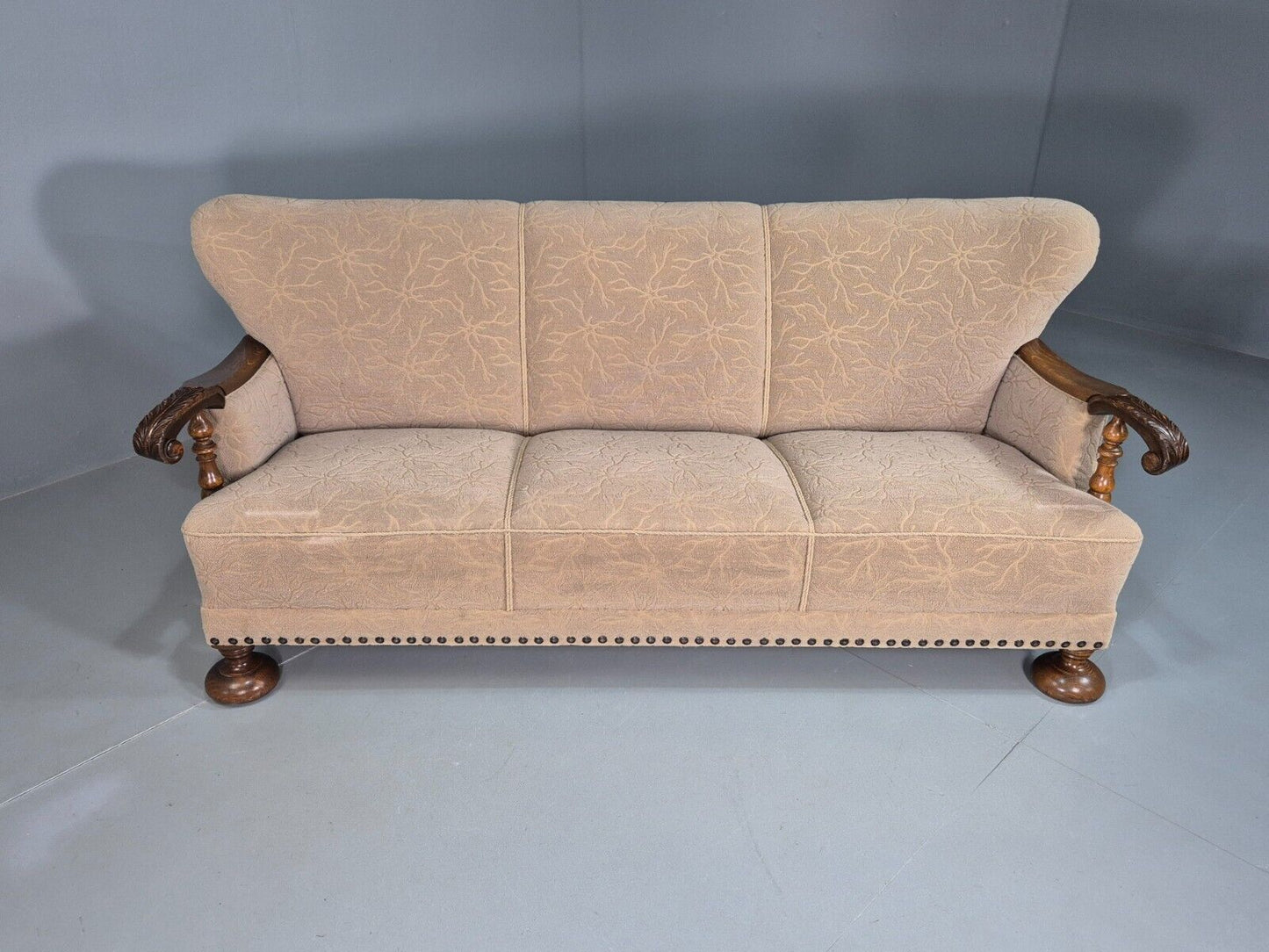 Vintage Danish 3 Seat Sofa Cream Moquette Oak Frame 1930s Antique EB7793 M3SS