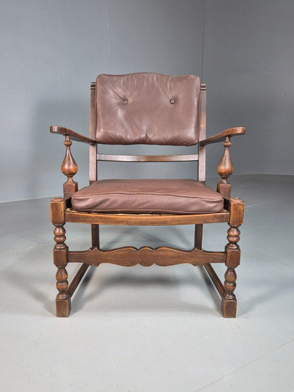 Vintage Danish Lounge Chair Brown leather Oak Frame Jacobean Style EB8089 VCAR