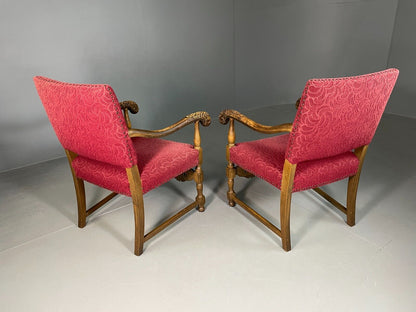 EB6943 2 Vintage Elbow Chairs Red Moquette Oak Frame 17th Century Style RepoVCLO