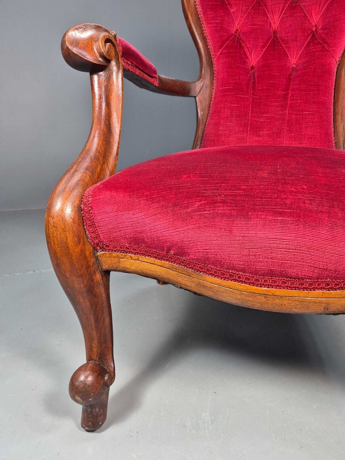 Vintage Fauteuil Chair Red Buttoned Velour Mahogany Antique 1900s  EB8440 VCAR