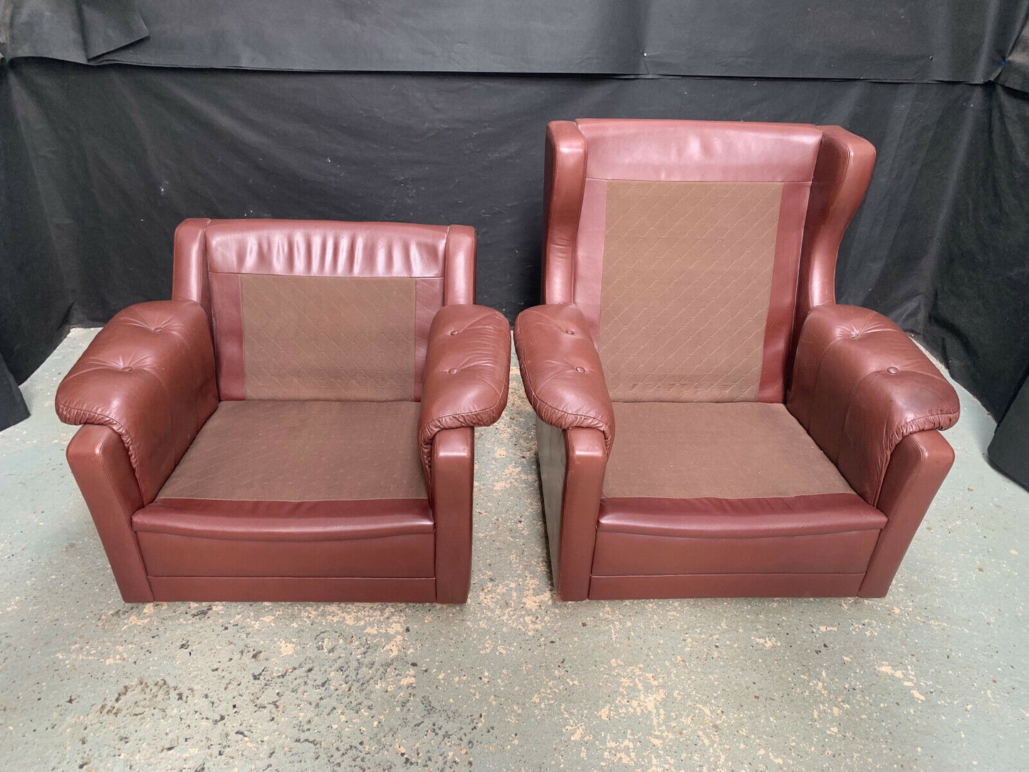 EB1730 Pair of Danish Brown Leather High & Low Back Lounge Chairs Vintage VLEA