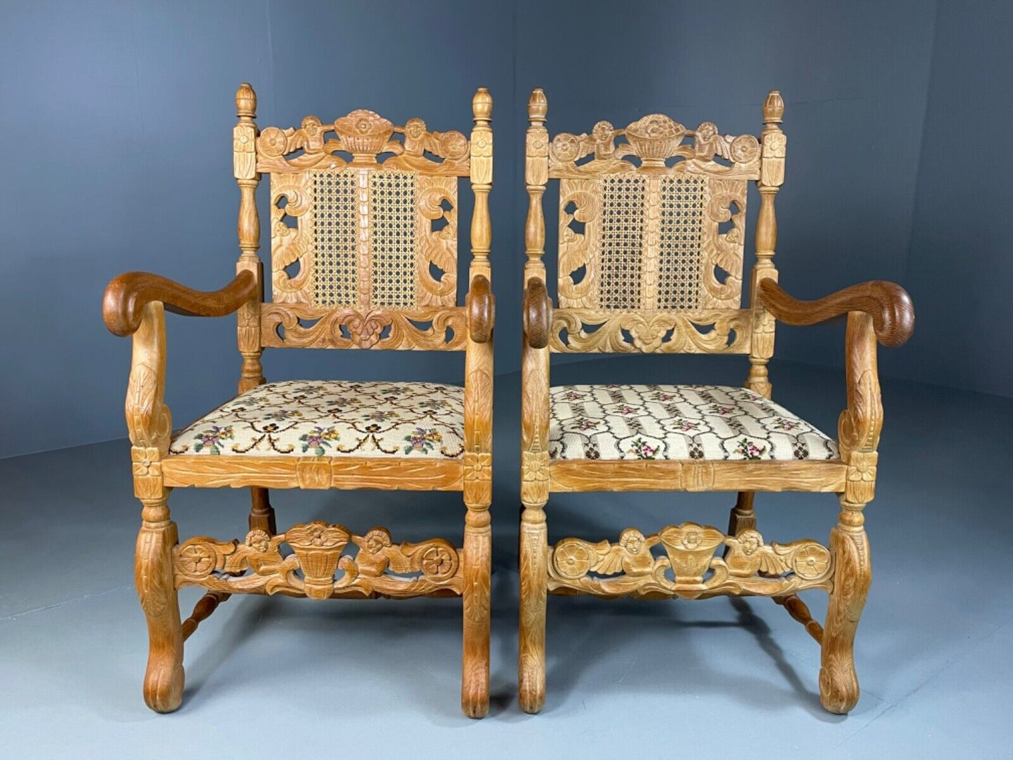 EB5172 2 Vintage Danish Carved Oak Elbow Chairs. Carolean Style, Antique VCAR