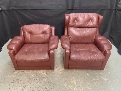 EB1730 Pair of Danish Brown Leather High & Low Back Lounge Chairs Vintage VLEA