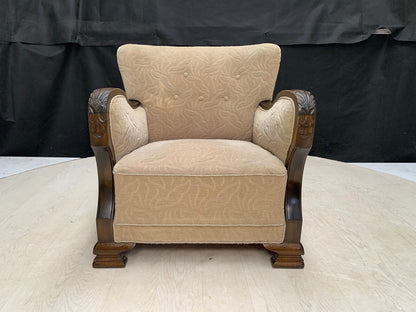 EB2887 Danish Stained Beech & Beige Patterned Fabric Chair Vintage Lounge VCAR