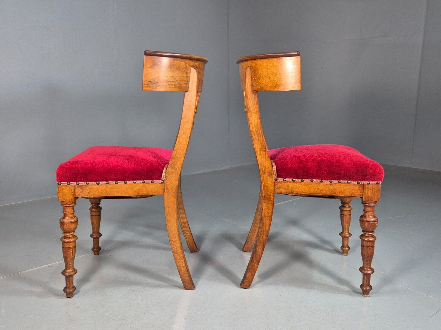 Pair Antique Danish Red Velvet And Mahogany Side Chairs Vintage EB8034 VCLO