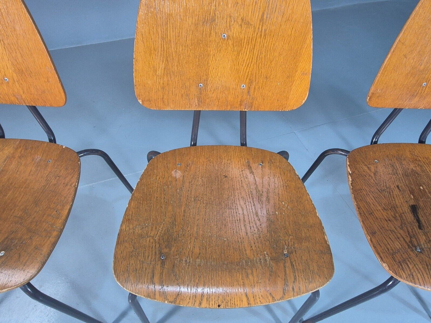 4 Vintage Danish Stacking Chairs Oak Plywood Steel Frame 1960s Retro EB8381 MSTA