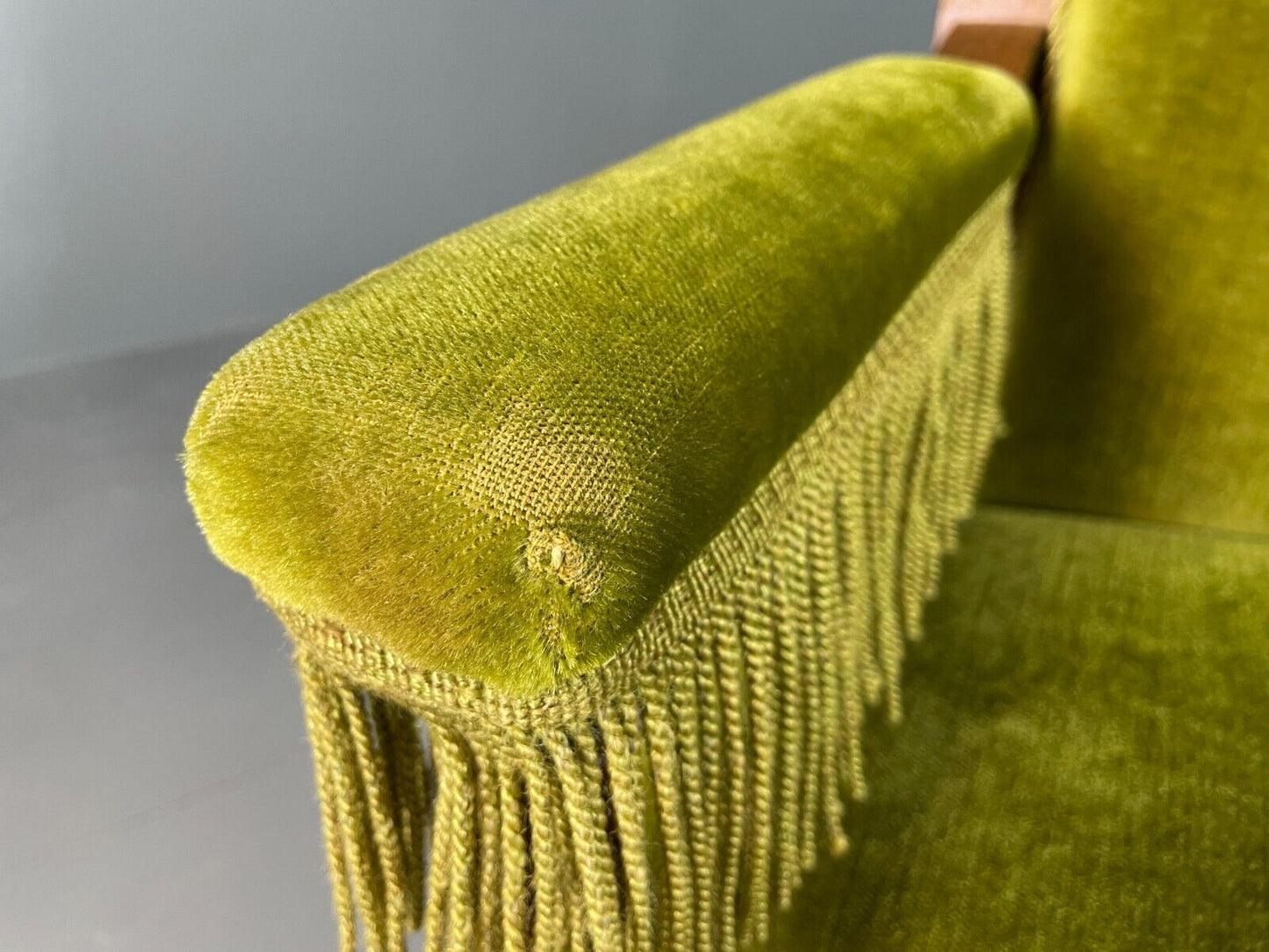 EB6442 Vintage Danish Sofa Hardwood Frame Green Velour Tassels Antique V2SS