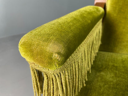 EB6442 Vintage Danish Sofa Hardwood Frame Green Velour Tassels Antique V2SS