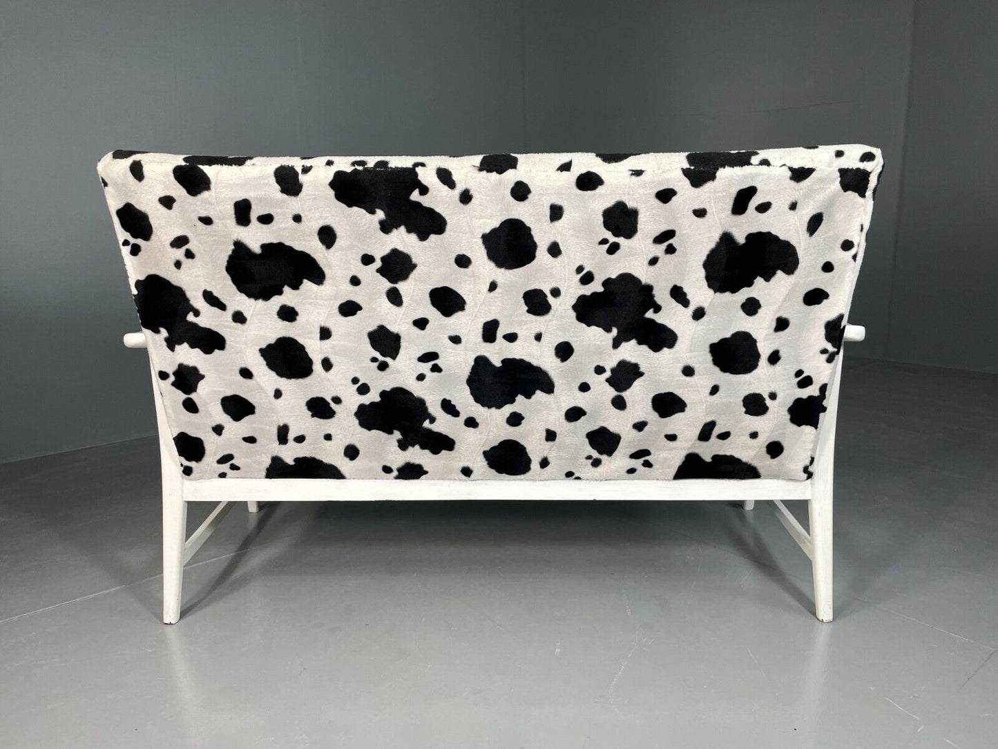 EB6448 Vintage 2 Seat Danish Sofa Painted White Cow Print Cover Retro MCM M2SS