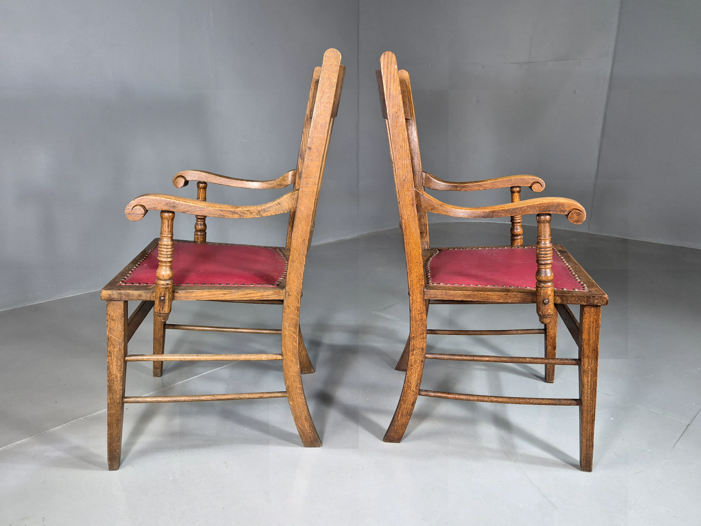 2 Vintage Elbow Chairs Red Leatherette Oak 1920s Retro EB7393 VLEA