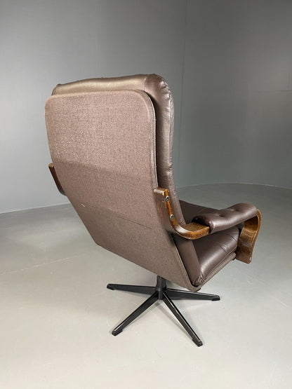 EB6910 Vintage Danish Lounge Chair Brown Leather and Vinyl Swivel Retro MCM MSWI