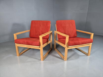 EB7221 2 Swedish Lounge Chairs Beech Frame Red Wool Retro MCM 1960s MNOR