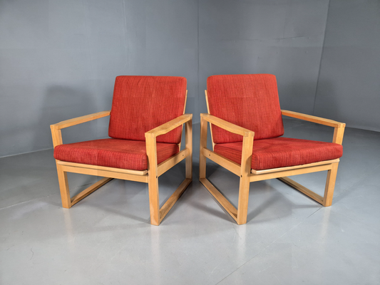 EB7221 2 Swedish Lounge Chairs Beech Frame Red Wool Retro MCM 1960s MNOR