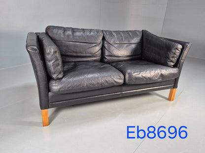 Vintage Danish 2 Seat Sofa Black Leather 1980s Retro MCM EB8696 M2SS