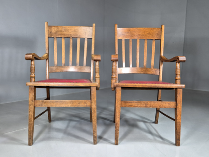 2 Vintage Elbow Chairs Red Leatherette Oak 1920s Retro EB7393 VLEA