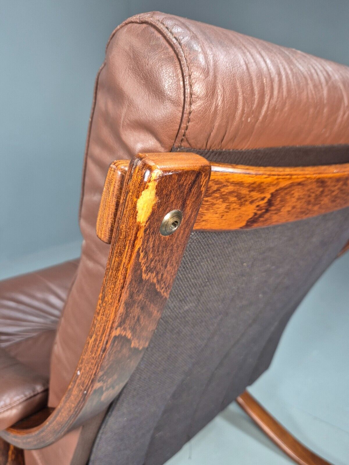 Vintage Danish Lounge Chair Brown Leather Bentwood Frame 1970s Retro EB8633 MBEN