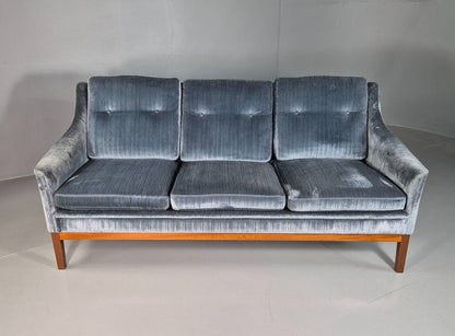 EB7064 Vintage Swedish 3 Seat Sofa Blue Cotton Velour Teak Base 1970s Retro M3SS