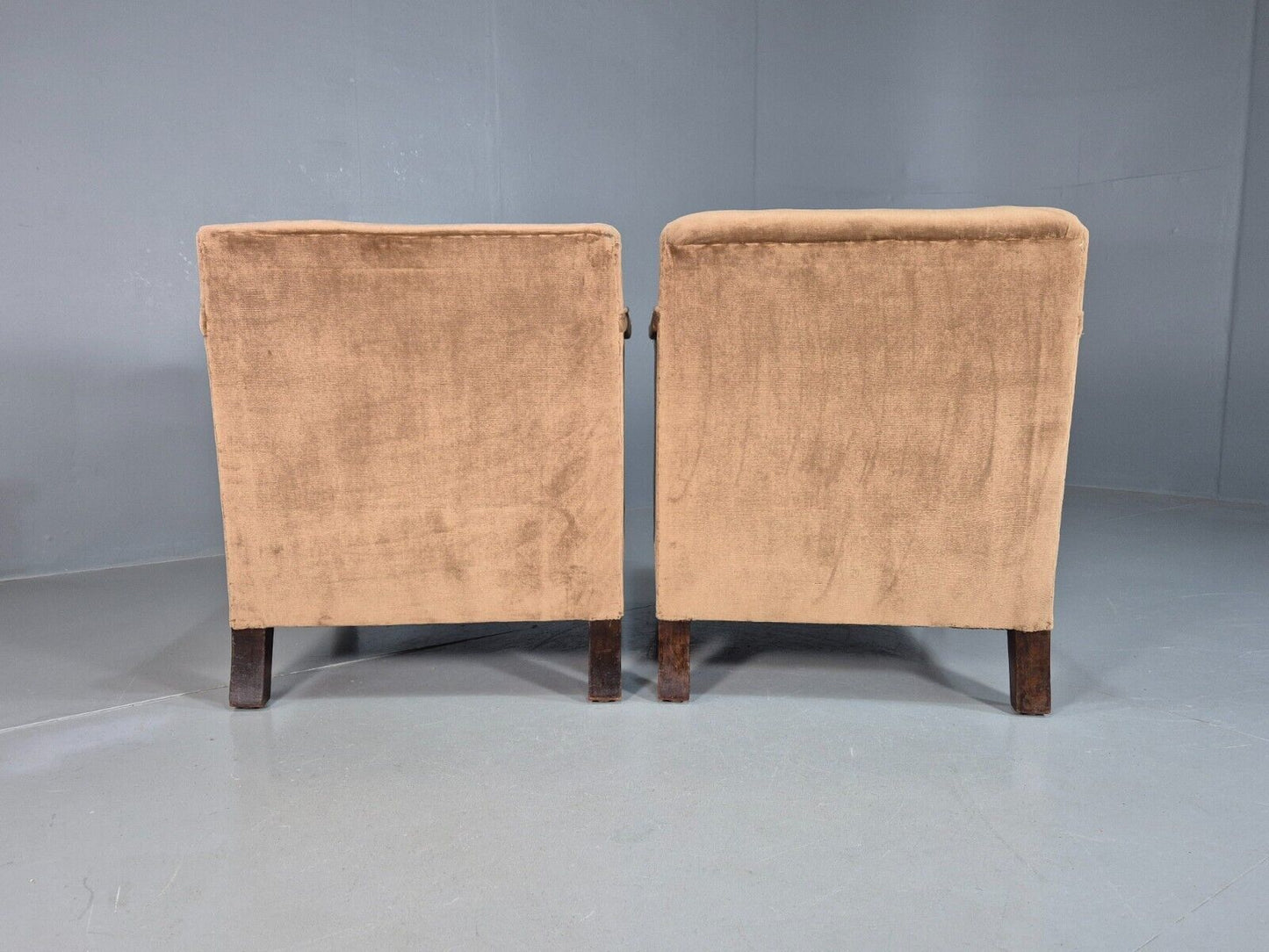 2 Vintage Lounge Chairs, Beige Velour 1940s Art Deco Antique EB8382 VCLO