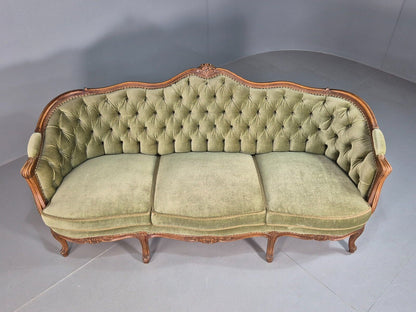 Vintage Three Seat Sofa French Regency Beech And Green Velour Button EB8012 V3SS