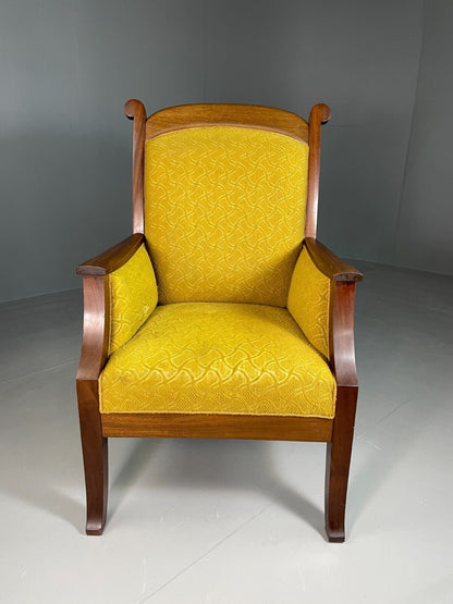 EB6584 Vintage Danish Lounge Chair Yellow Moquette Mahogany Antique Throne VCLO