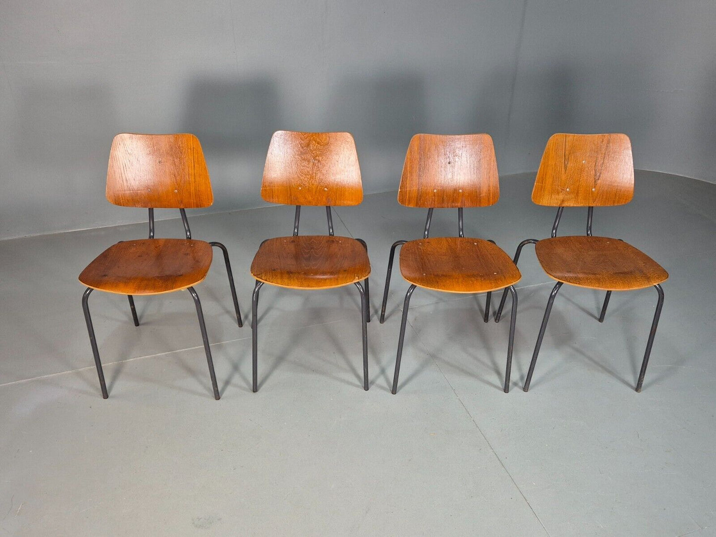 4 Vintage Danish Stacking Chairs Teak Plywood Steel Frame 1960 Retro EB8368 MSTA